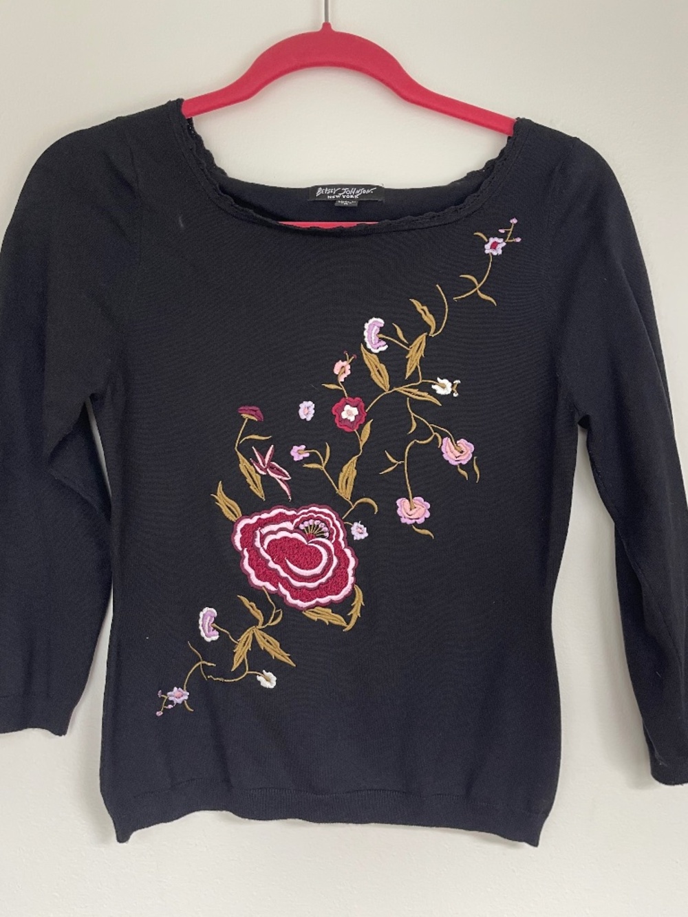 Vintage Betsey Johnson Floral Embroidered Silk Blend Y2K Blouse Black